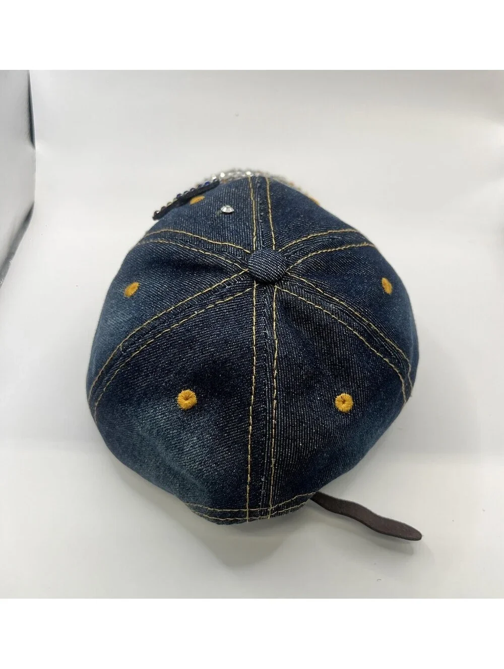 Rhinestone Cross Blue Denim Hat Distressed Studded Western Y2K Strapback Cap